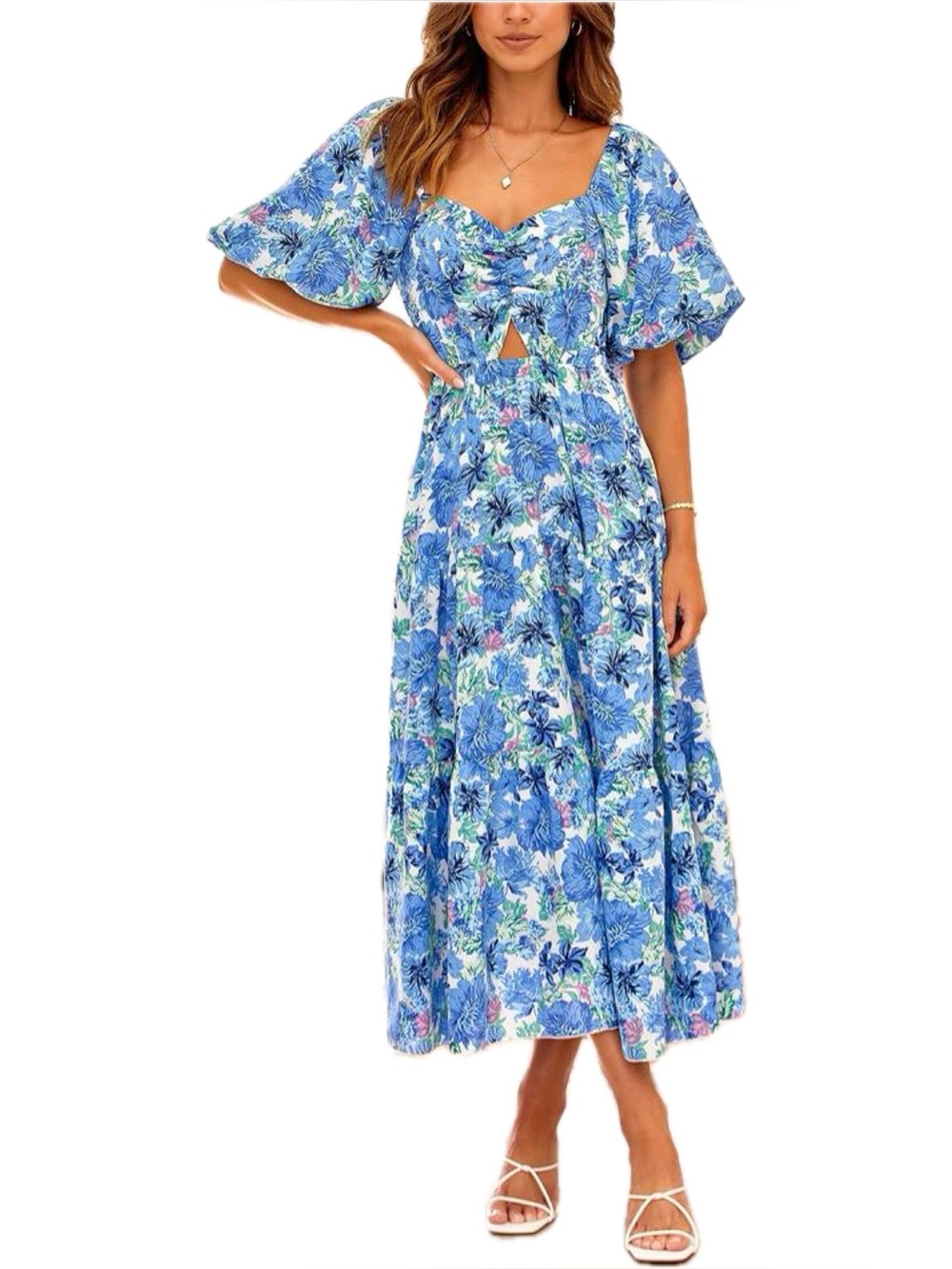 BTFBM Puff Sleeve Maxi Dress in Blue Floral